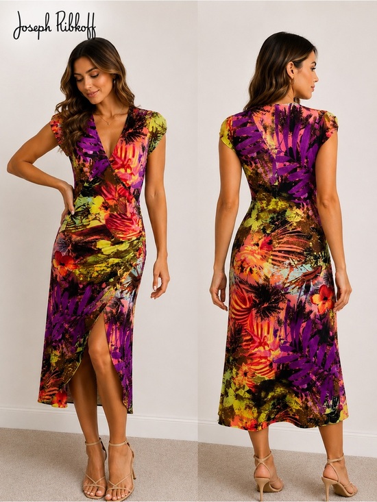 Joseph Ribkoff Dresses & Skirts - Joseph Ribkoff Tropical Floral Faux Wrap Midi Dress M Ruched Career Cocktail